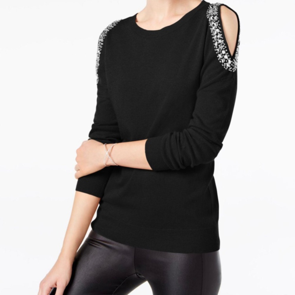 INC Black Jewel Embellished Cold Shoulder Sweater